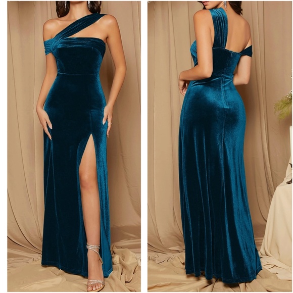 Luxe One Shoulder Velvet Evening Wedding Formal Maxi Dress - Picture 6 of 6
